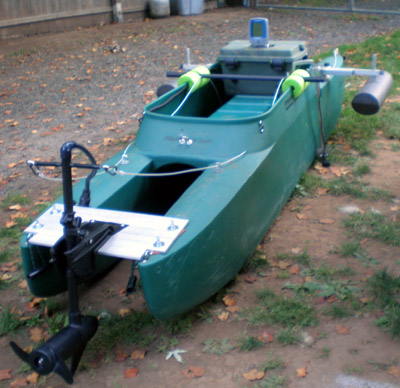 Rear view of fishing kayak with electric trolling motor system